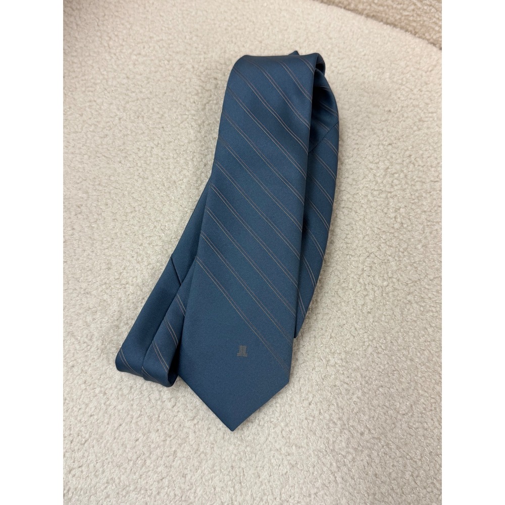Lanvin Mens Silk Necktie Slate Blue Diagonal Pinstripe Logo Made in France